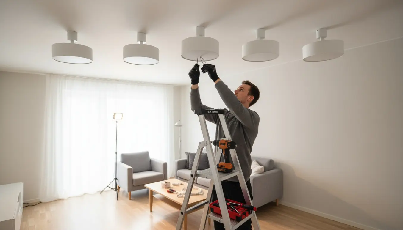 Opsætning af fem loftlamper i en dansk stue, en person på en stige monterer en lampe.