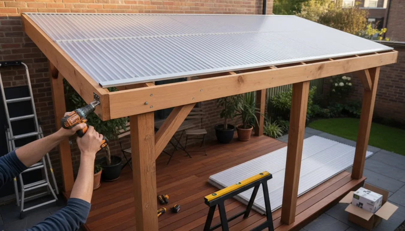 Lille overdækket terrasse under opbygning med termotag monteret på stolper i en hyggelig have.
