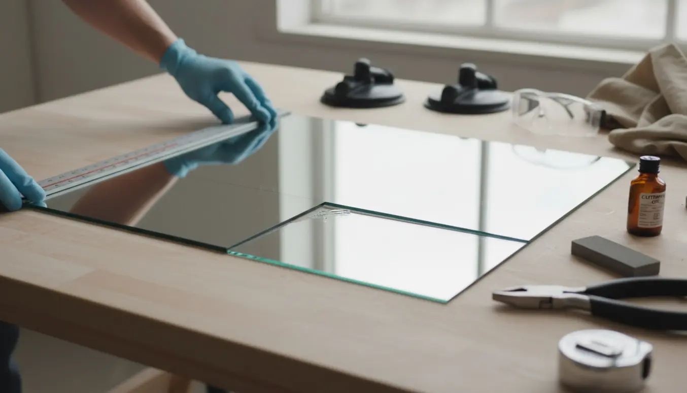 Spejl på arbejdsbænk med lineal og glasskærer, klar til at få skåret 9 cm af.