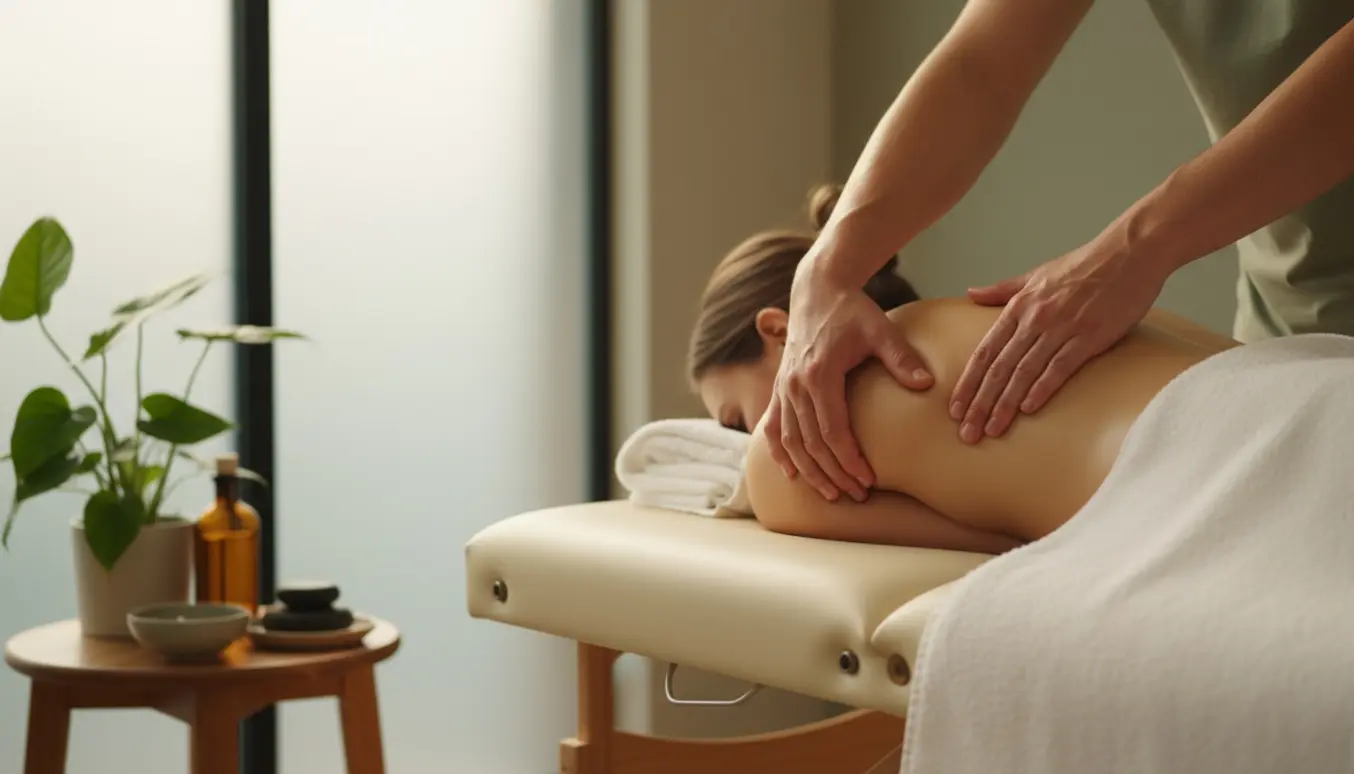 Massageterapeut masserer en klients nakke og skuldre i et lyst, roligt behandlingsrum med olier og håndklæder.