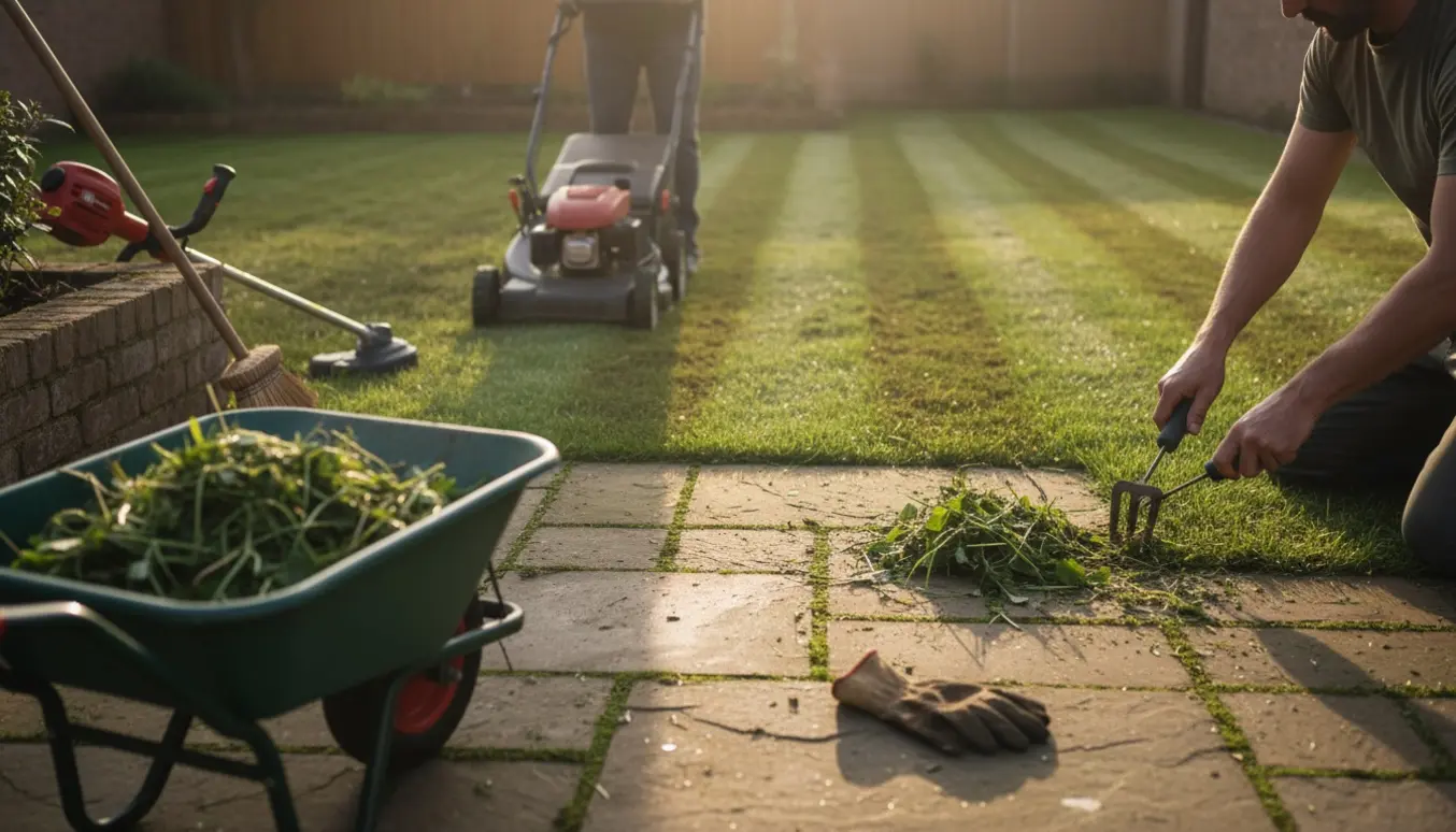 Græsslåning og ukrudtsfjernelse langs fliser, med plæneklipper og håndværktøj i brug.