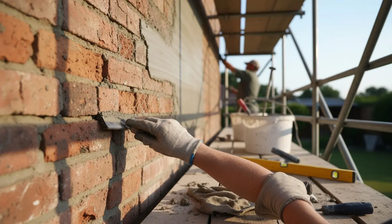 Nærbillede af hænder, der omfuger og pudser en murstensfacade med værktøj og stillads i baggrunden.
