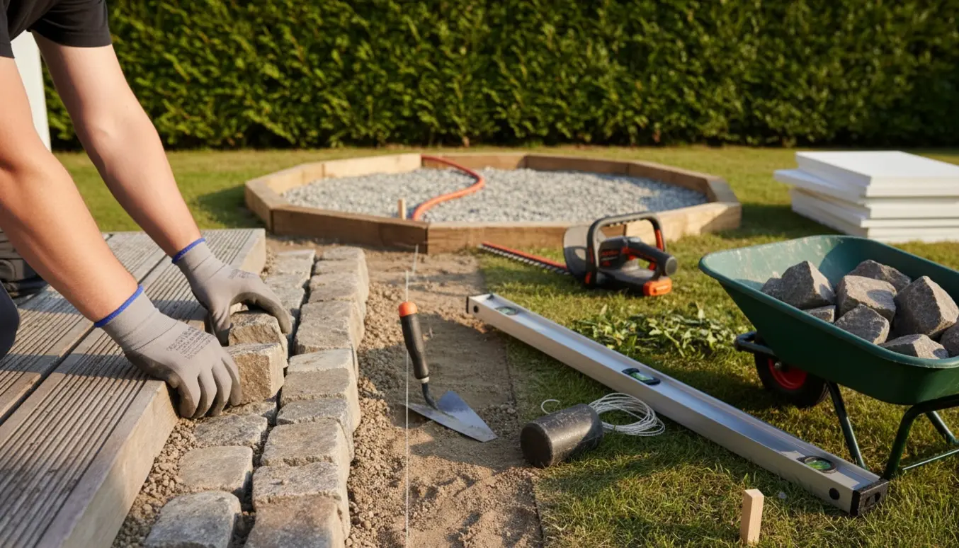 Nærbillede af lægning af brosten langs terrasse med slået hæk og forberedt område til udendørs spa.