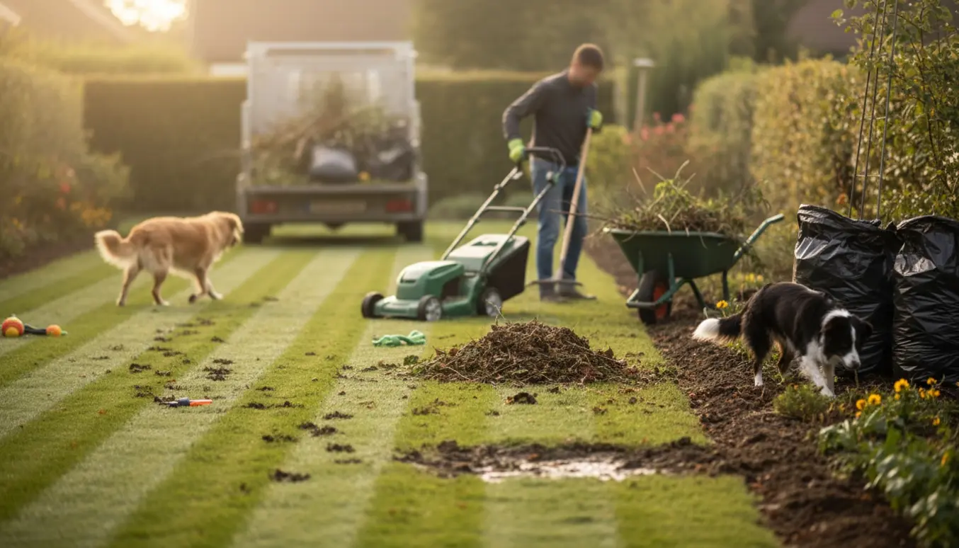 Haveejer rydder op med rive og plæneklipper, to hunde i baggrunden og affald klar til bortkørsel.