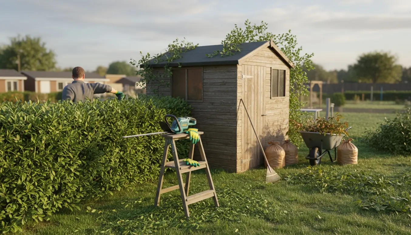 Nyklippet hæk ved et kolonihave-skur med trillebør og bunke haveaffald.