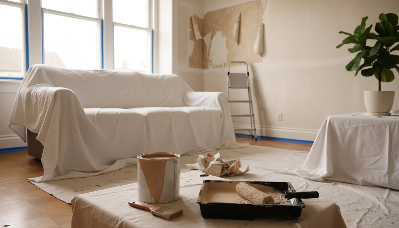 Stue forberedt til maling med afdækket sofa, åben malerbøtte og malerrulle i forgrunden.