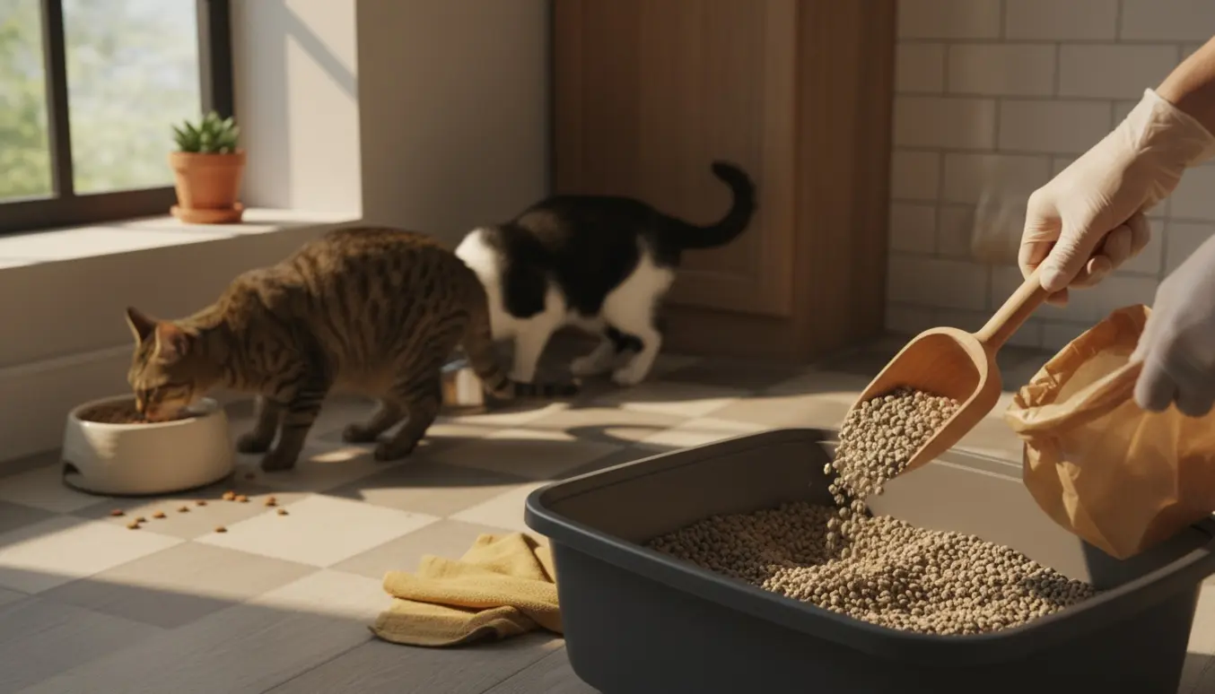 To katte spiser og drikker ved skåle, mens en hånd i handsker renser en kattebakke i sollys.