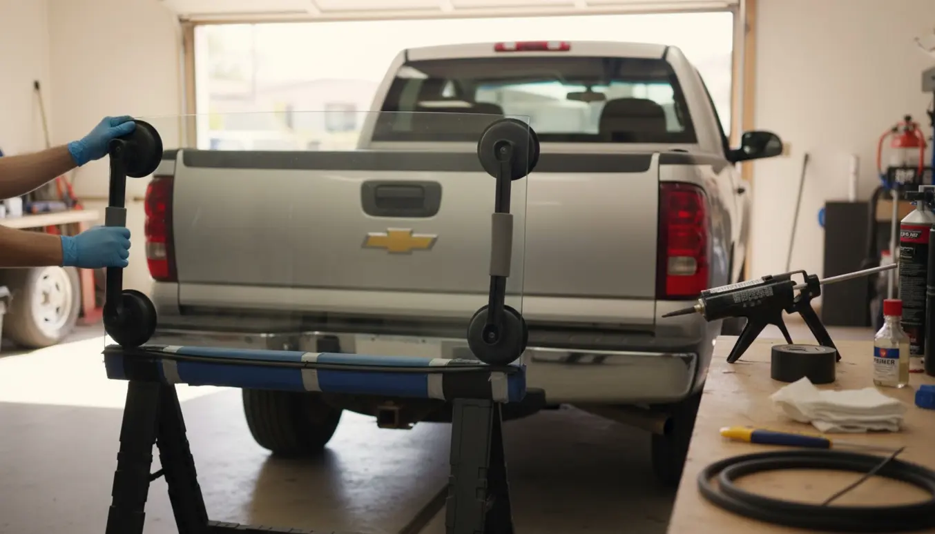 En 2000'er pickup i en garage med en ny bagrude holdt af sugekopper og værktøj klar til montering.