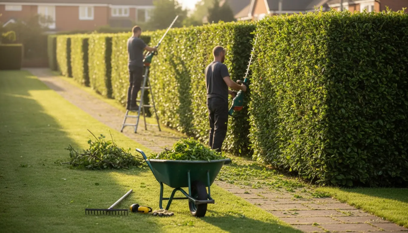 To personer med ryggen til trimmer toppen og siden af en lang grøn hæk i en have.
