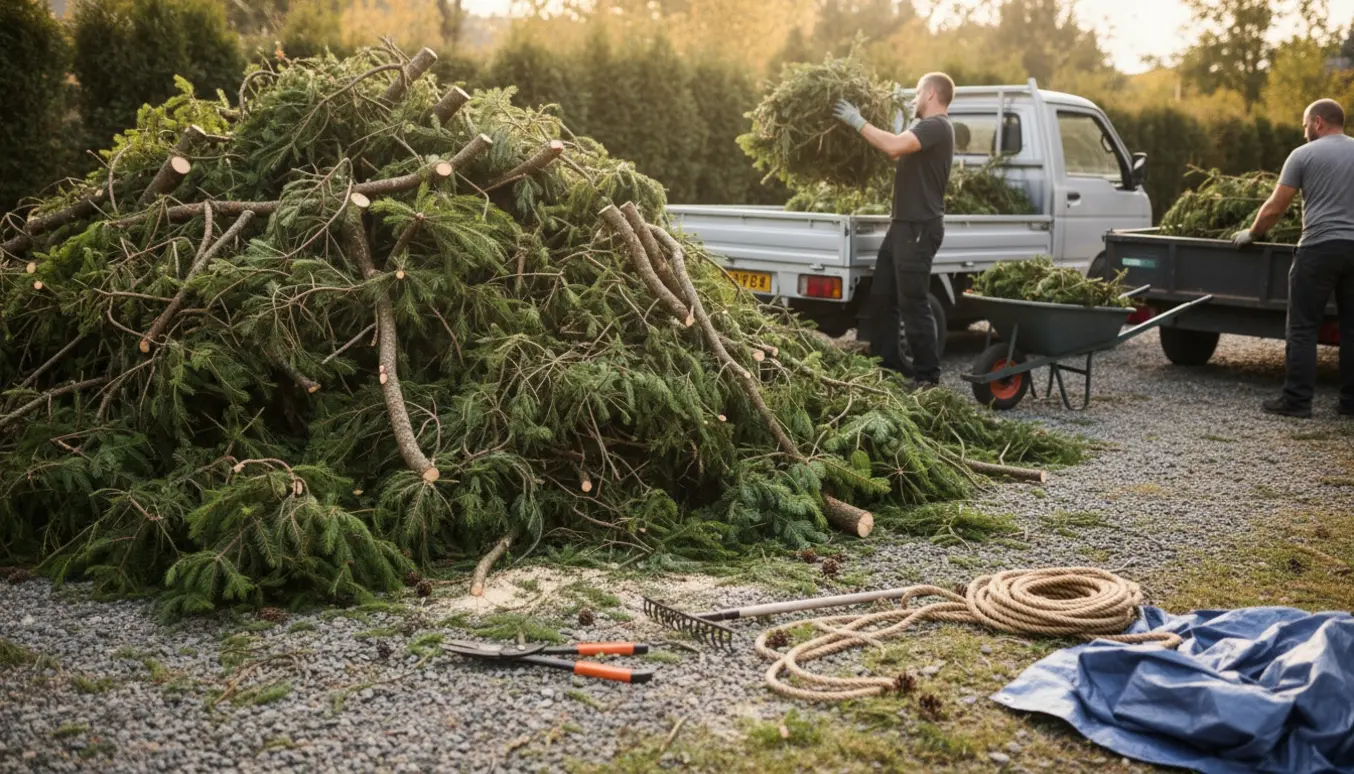En stor bunke træaffald ved en gårdsplads, hvor handskerklædte hænder laster grene på en pick-up.