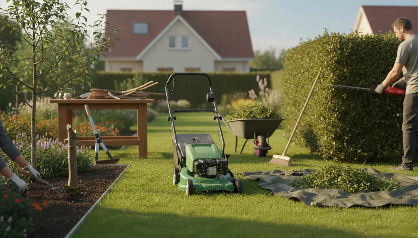 Solbeskinnet villahave med græsslåning, hækklipning og beskæring af et træ, værktøj og afklippede grene i baggrunden.
