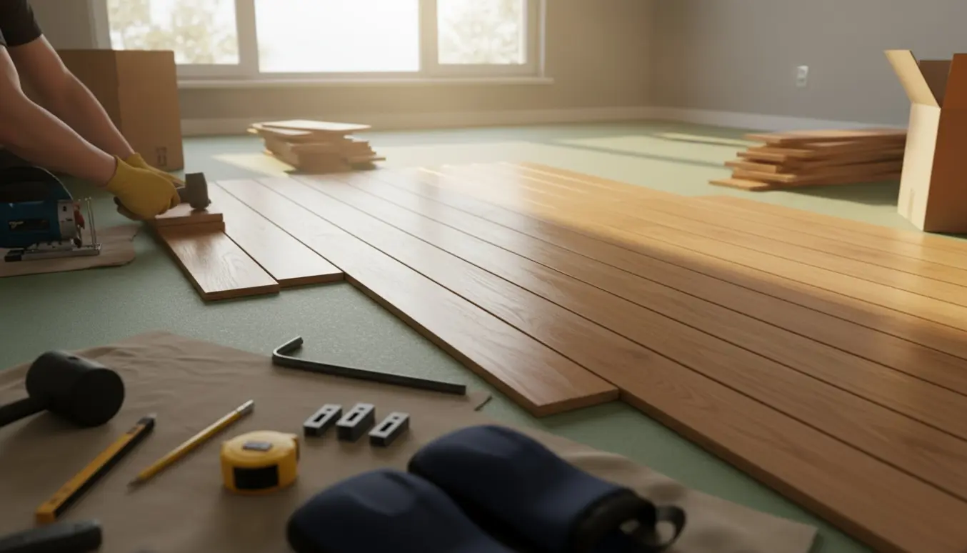 Installation af Junckers parketgulv i et lyst rum med hænder, der slår en plank på plads med en gummihammer.