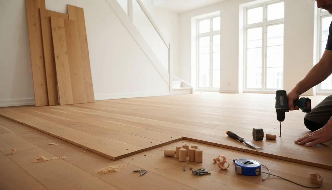 Nærbillede af lægning af brede Douglas-fyrplanker i en lys københavnerlejlighed med hænder, der skrue fast og træpropper klar.