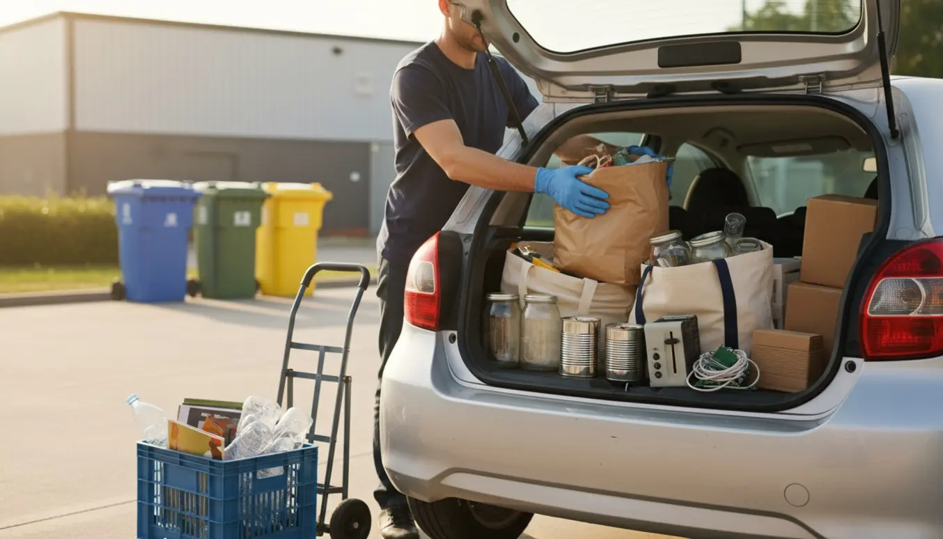 Hænder i arbejdshandsker læsser blandet genbrugsaffald i en åben bils bagagerum foran en genbrugsstation.