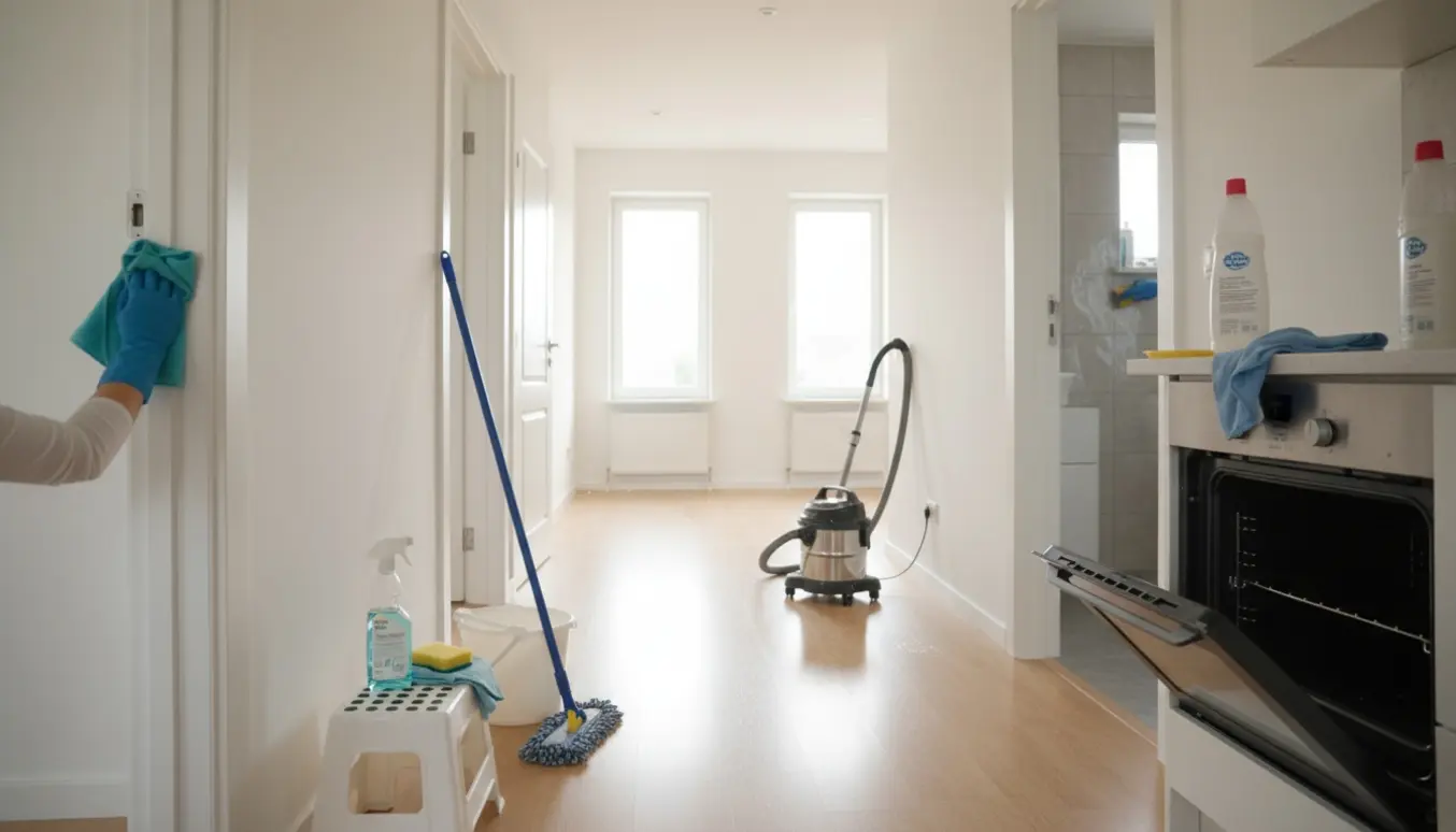 En rengøringsperson tørrer en nylakeret dørkarm i et lyst, tomt hus med støvsuger og moppe i baggrunden.