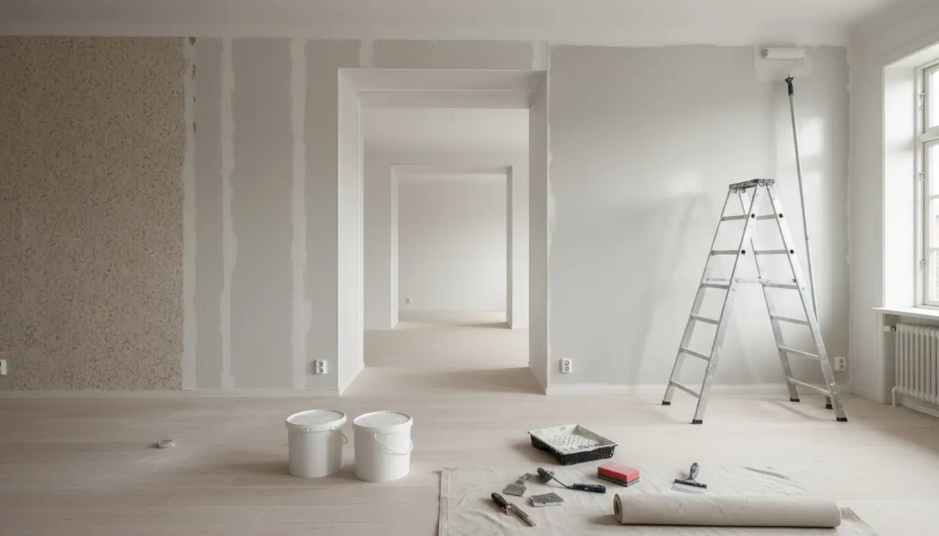 Indendørs renovering med filt på vægge, spartelværktøj, stige og malerruller mens hvide vægge males.