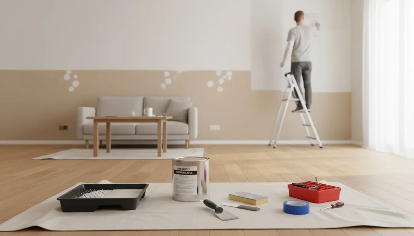En mindre lejlighed hvor en person maler en væg og reparerer huller med spartel, roller og værktøj i naturligt dagslys.