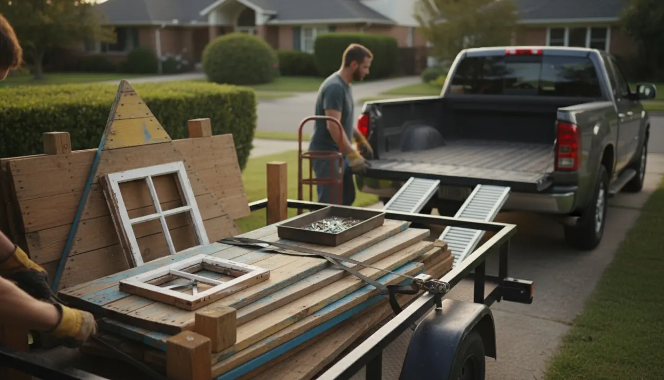 Demonteret trælegehus læsset på en trailer i indkørslen, mens hænder spænder stropper.
