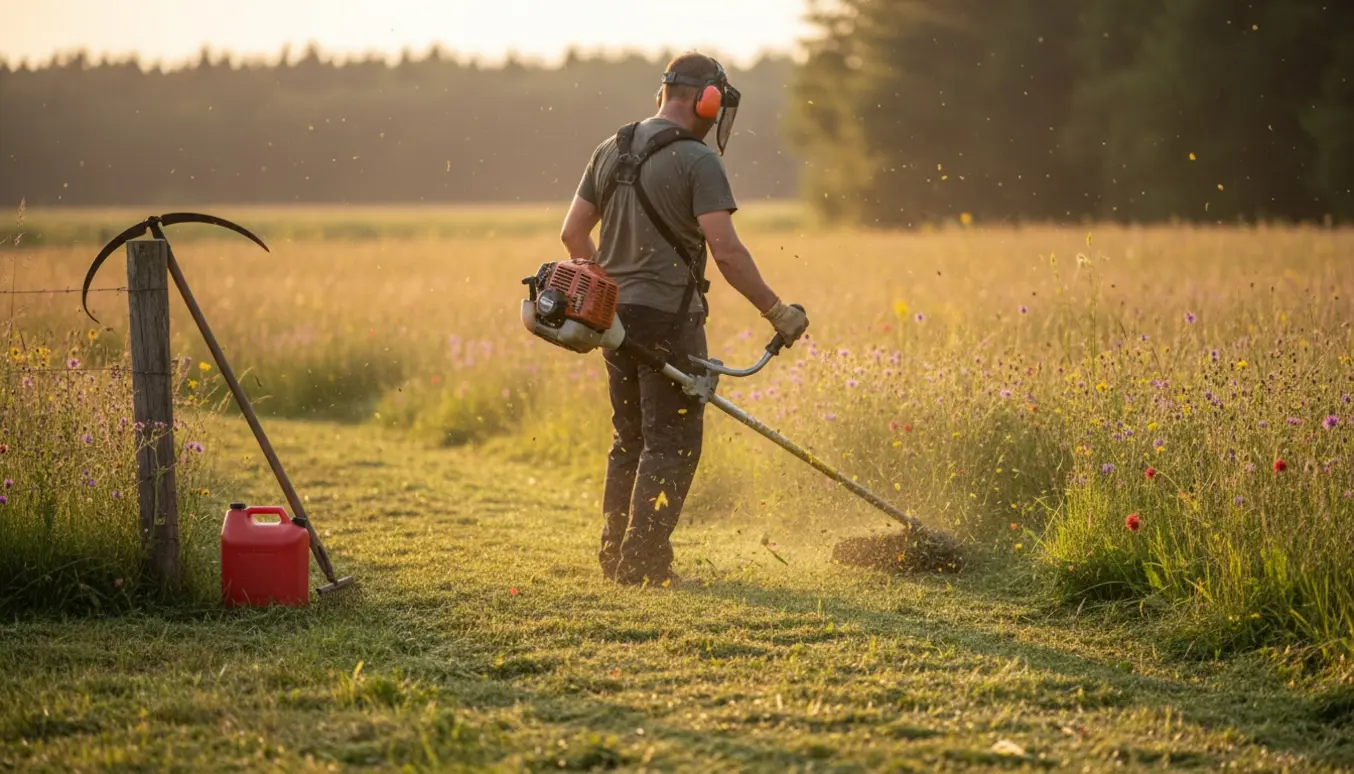 Buskrydder klipper højt græs på en naturgrund ved skovkanten, med synlig nyklippet stribe.