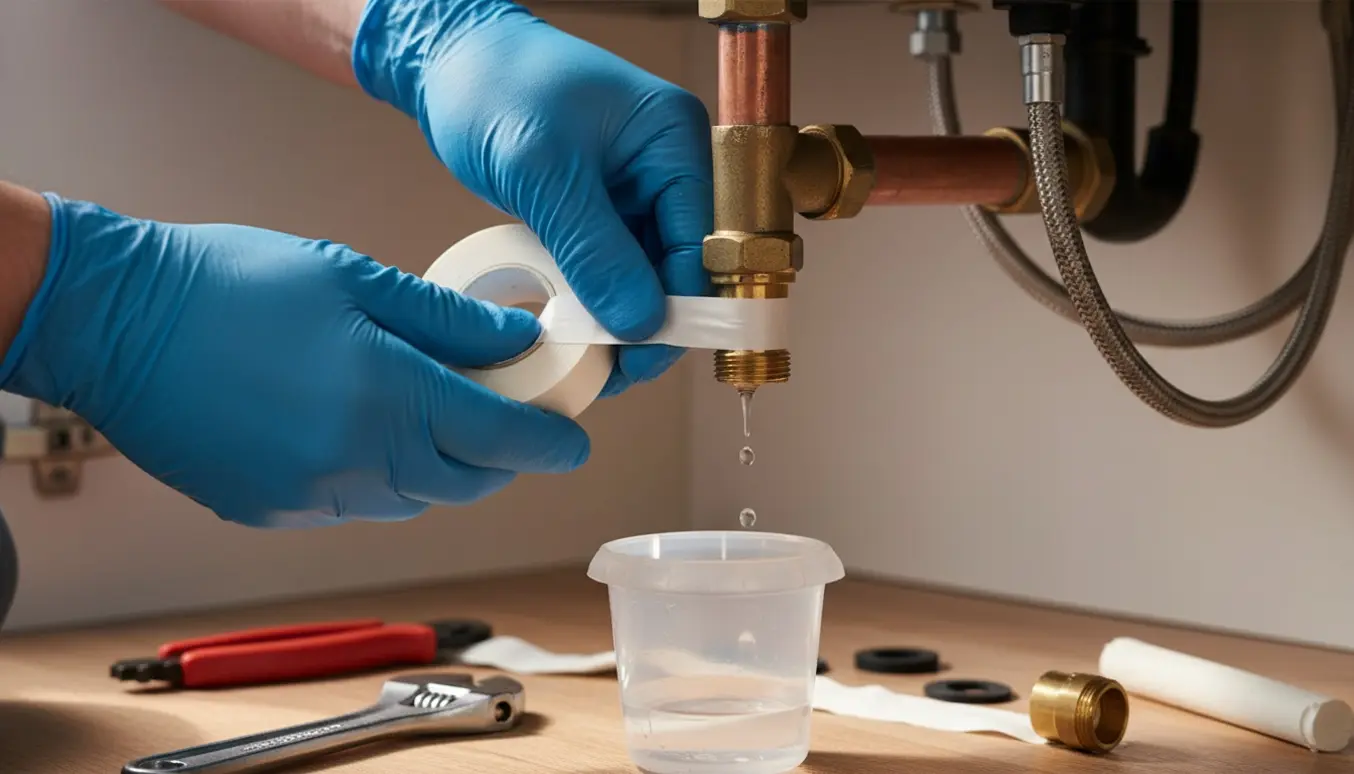 Nærbillede af handskerede hænder, der pakker rør med tætningsbånd og spænder en ny samling under en vask for at stoppe en vandlækage.