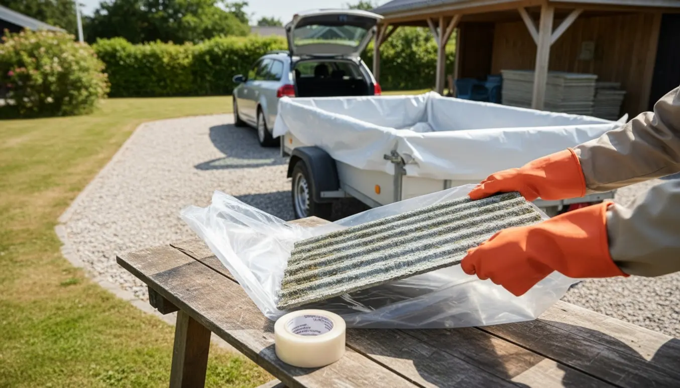 Hænder i beskyttelseshandsker pakker eternitplader i plastik og læsser dem i en trailer ved et sommerhus.