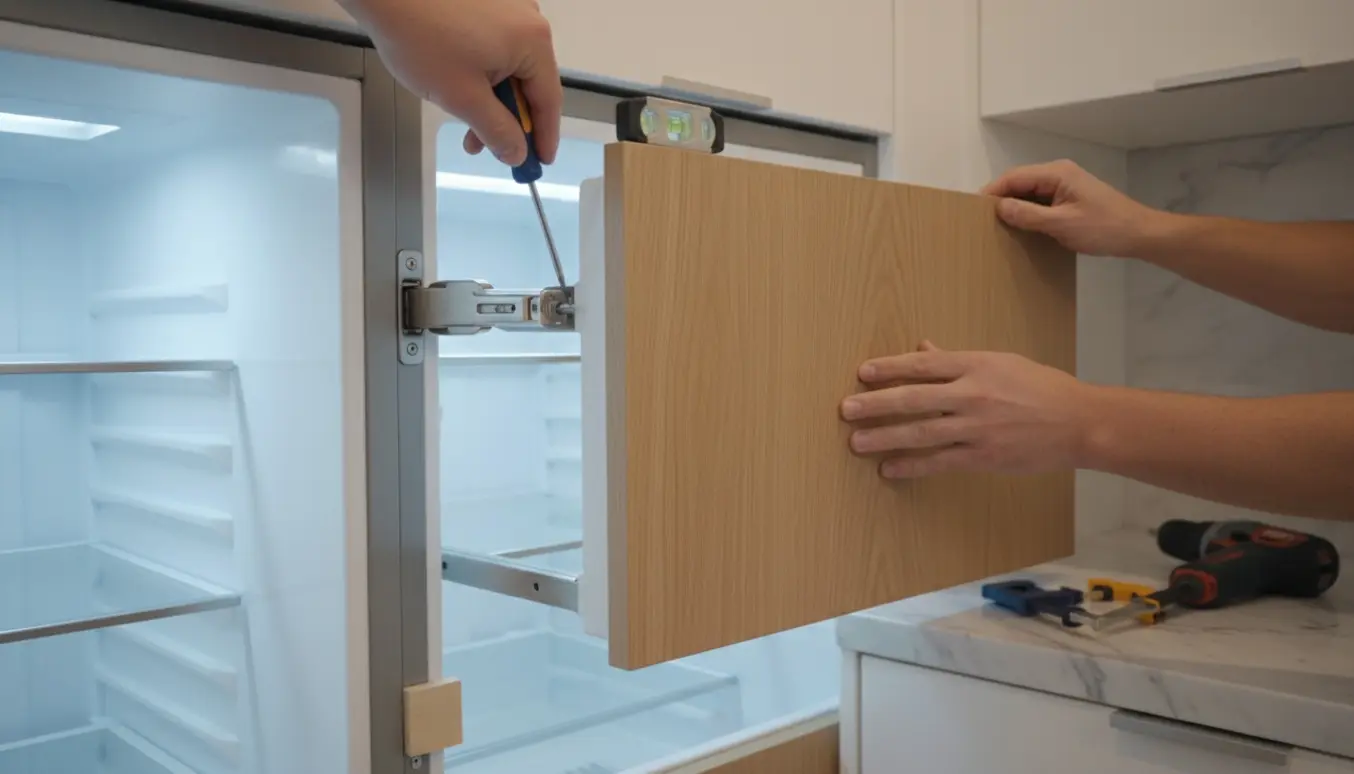 Nærbillede af hænder, der justerer og monterer panel-låger og glideskinner på et indbygget kølefryseskab i et moderne køkken.