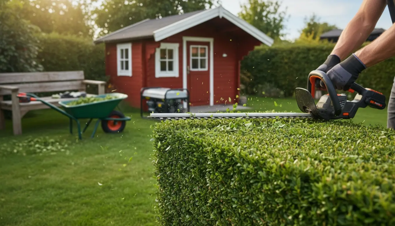 Hækkeklipper i brug i en kolonihave med batterier og en lille generator i baggrunden.