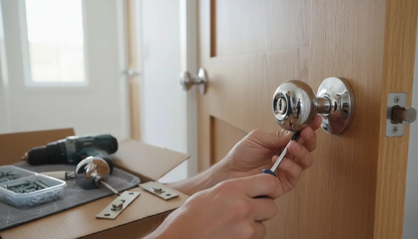 Hænder monterer et blankt kuglegreb og nøglelåsskjuler på en trædør i en lys gang.