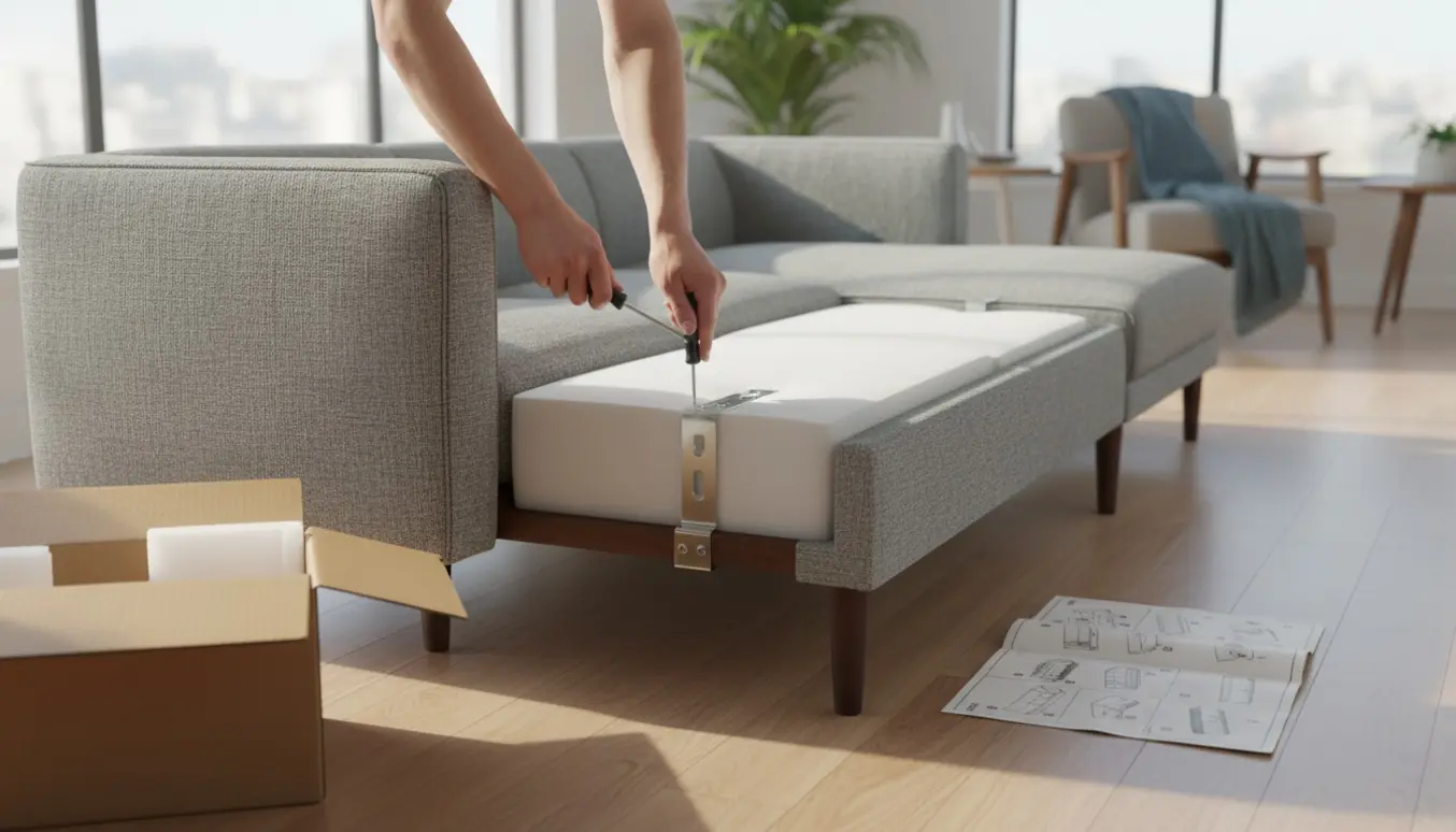 Hænder monterer chaiselong på en trepersoners sofa i en lys, moderne stue.