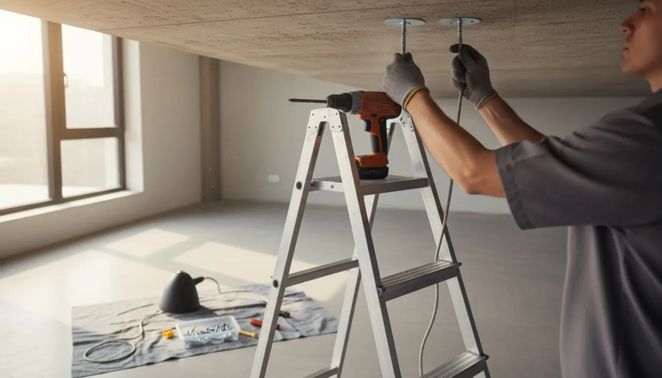 Hænder på en stige monterer en loftlampe i et betonloft med boremaskine og værktøj i nærheden.