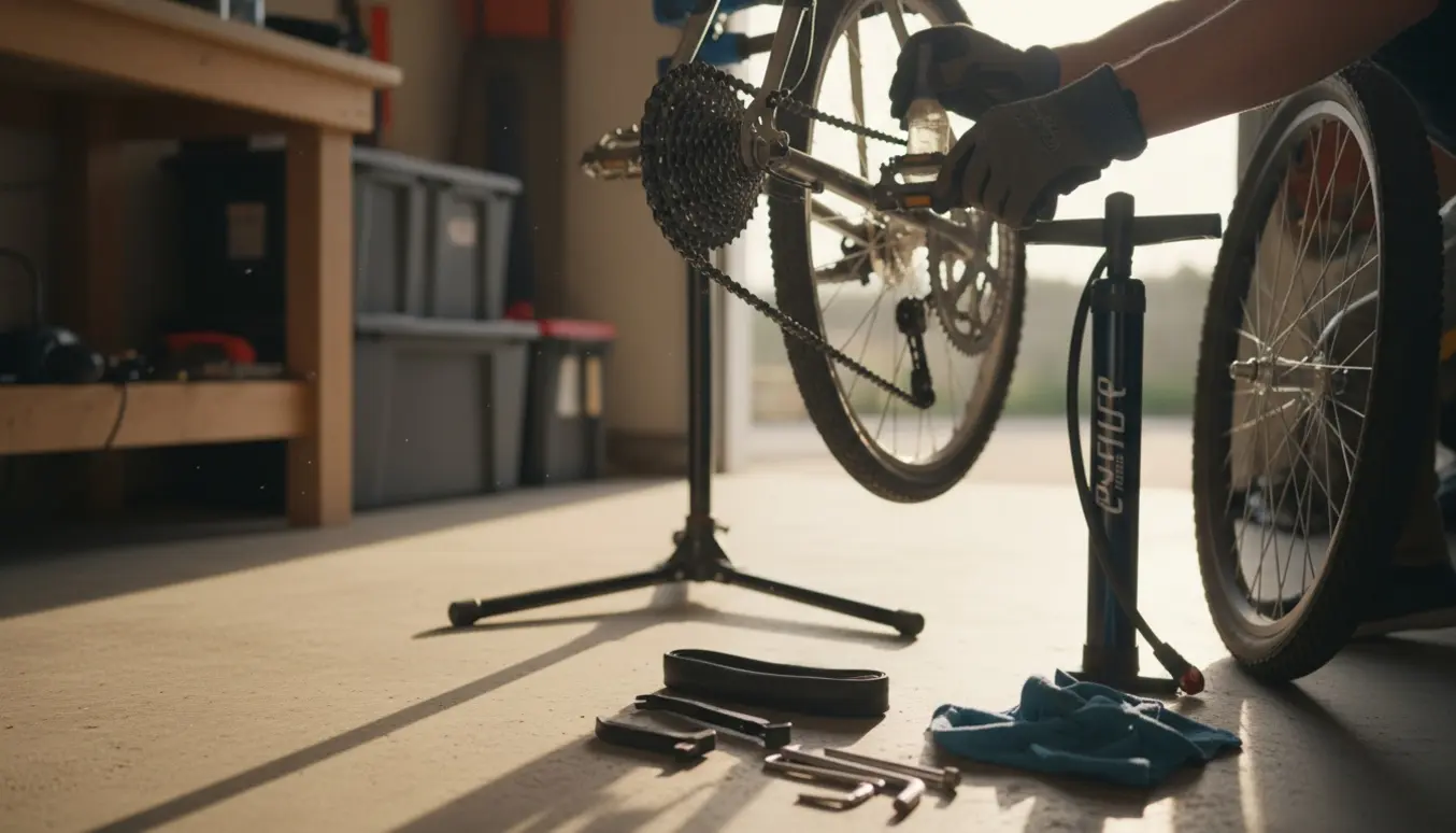 Hænder smører cykelkæde og skifter slange i en carport med værktøj og reservedele.