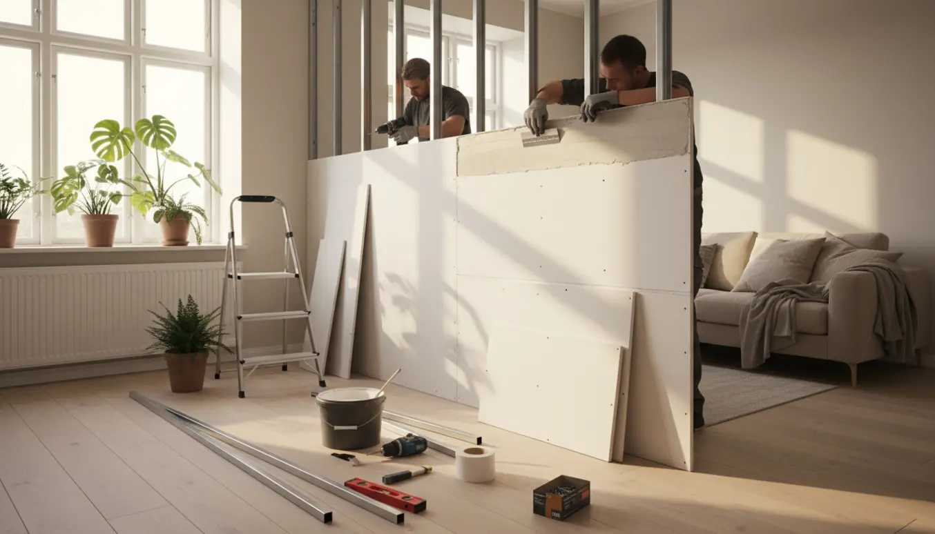 Montage af en hvid gips-halvvæg i en lys Nørrebro-stue med værktøj og materialer, ingen tydelige ansigter.