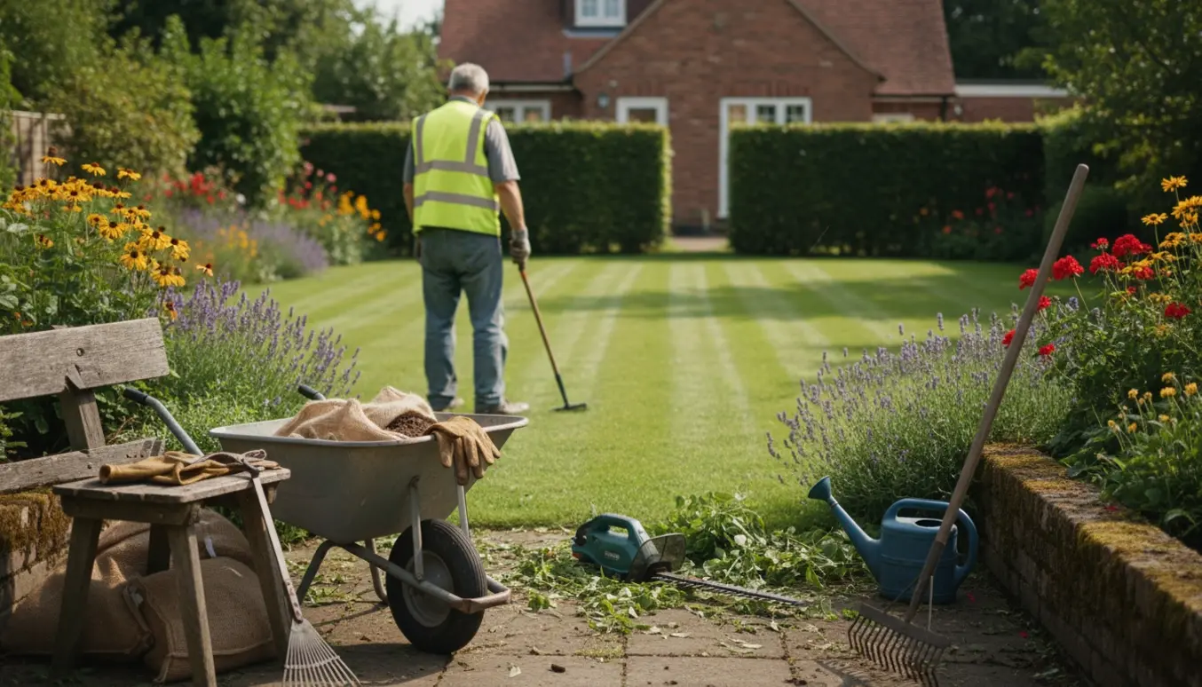 En havemand ses bagfra i arbejdstøj, omgivet af redskaber og en velplejet have i solskin.