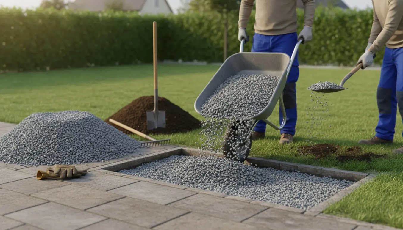 Trillebør fyldt med grus ved et udgravet hul i haven med bunker af jord og arbejdsredskaber.