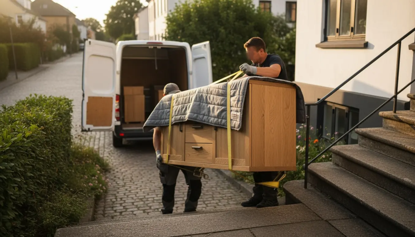 To personer bærer en skænk op ad ydre trappe til første sal ved en villa med flyttebil i baggrunden.