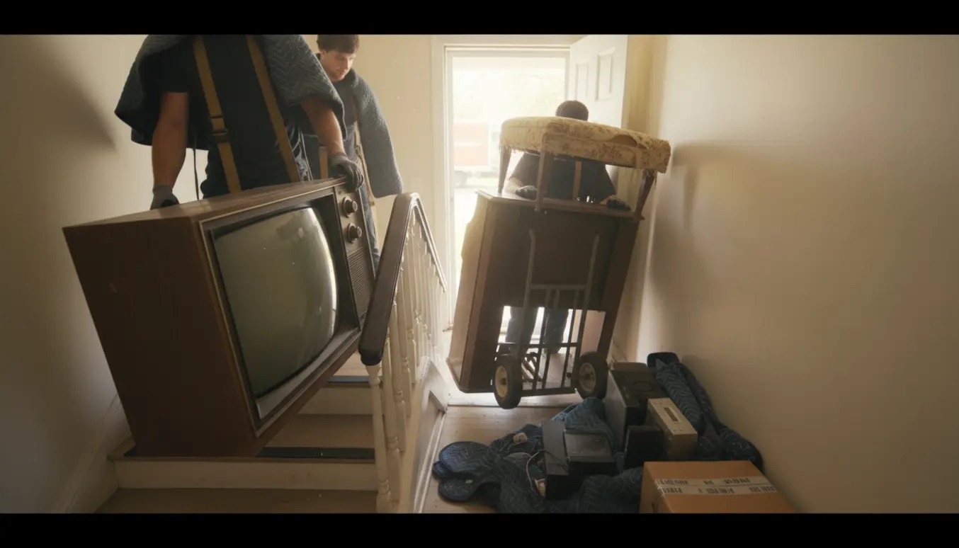 Gamelt trækabinet sort-hvidt fjernsyn og et tungt orgel bæres ned ad en boligtrappe med flyttetæpper klar til bortskaffelse.