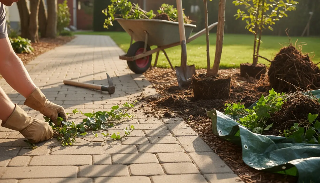 Hænder fjerner nyvokset efeu ved en gangsti, mens et lille bed med syv træer/buske bliver gravet op.
