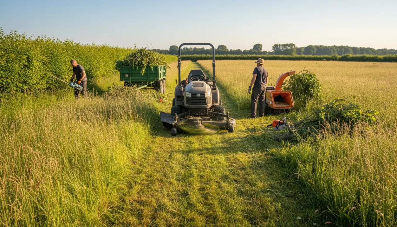 Ride-on plæneklipper klipper højt græs, grene saves til flisning og hækken trimmes i en solbelyst have.