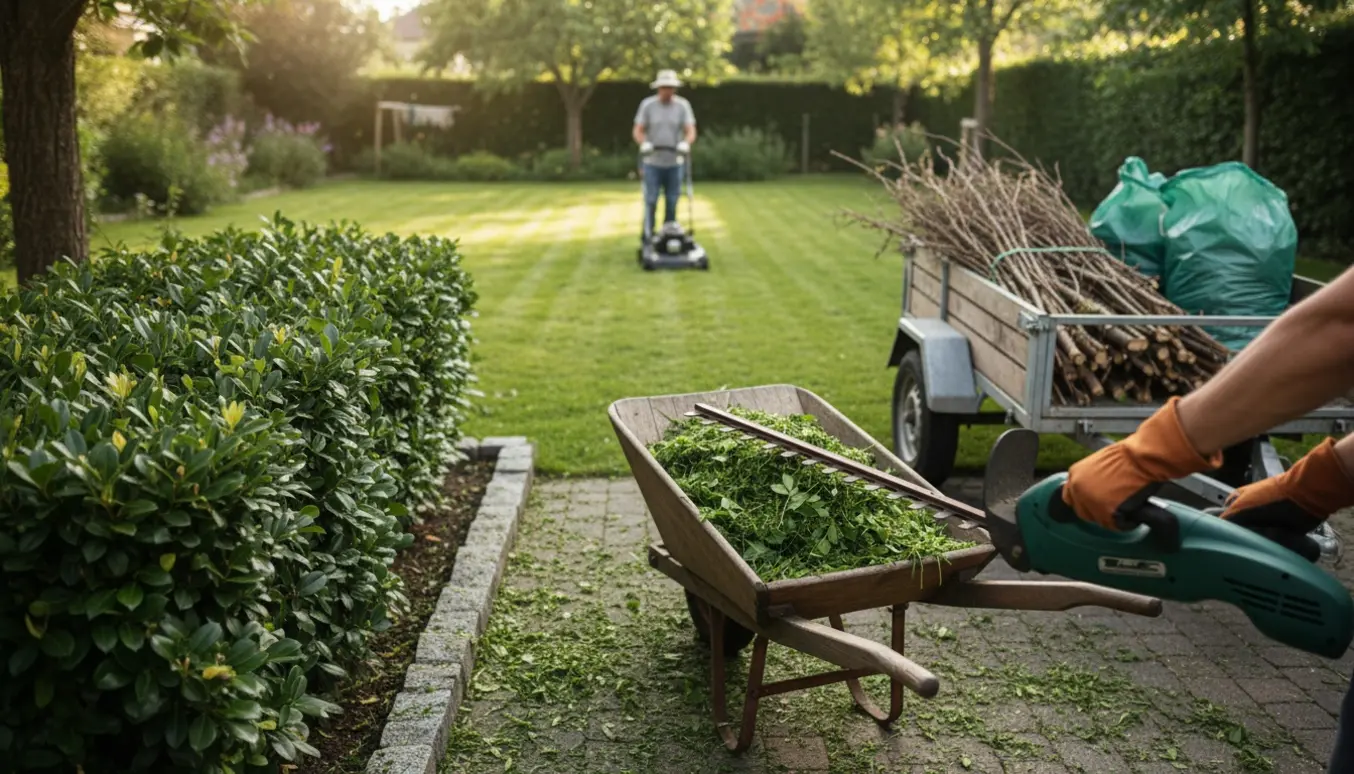 Havearbejde i en mellemstor have med græsslåning, hækklipning, beskårne buske og trailer fyldt med haveaffald.