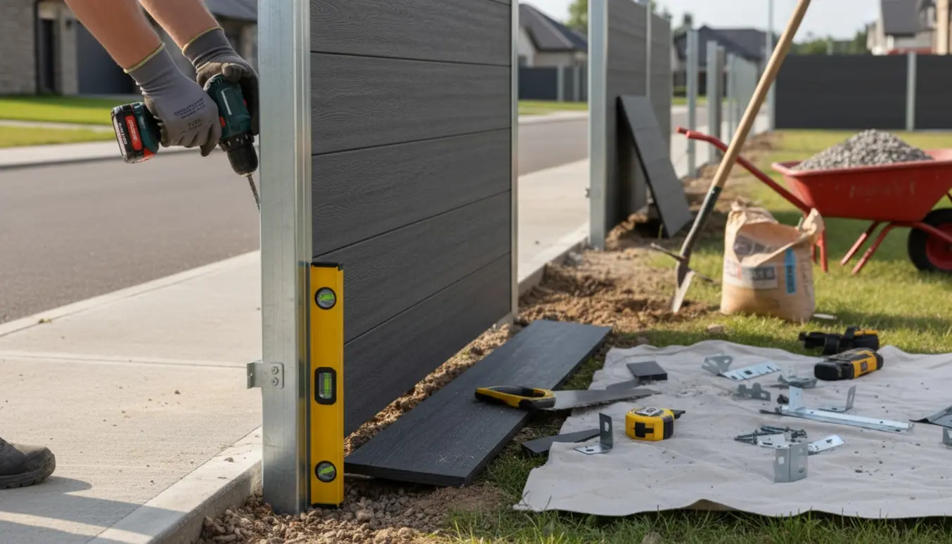 Nærbillede af monteringsarbejde på et komposithegn langs fortovet med værktøj og materialer.
