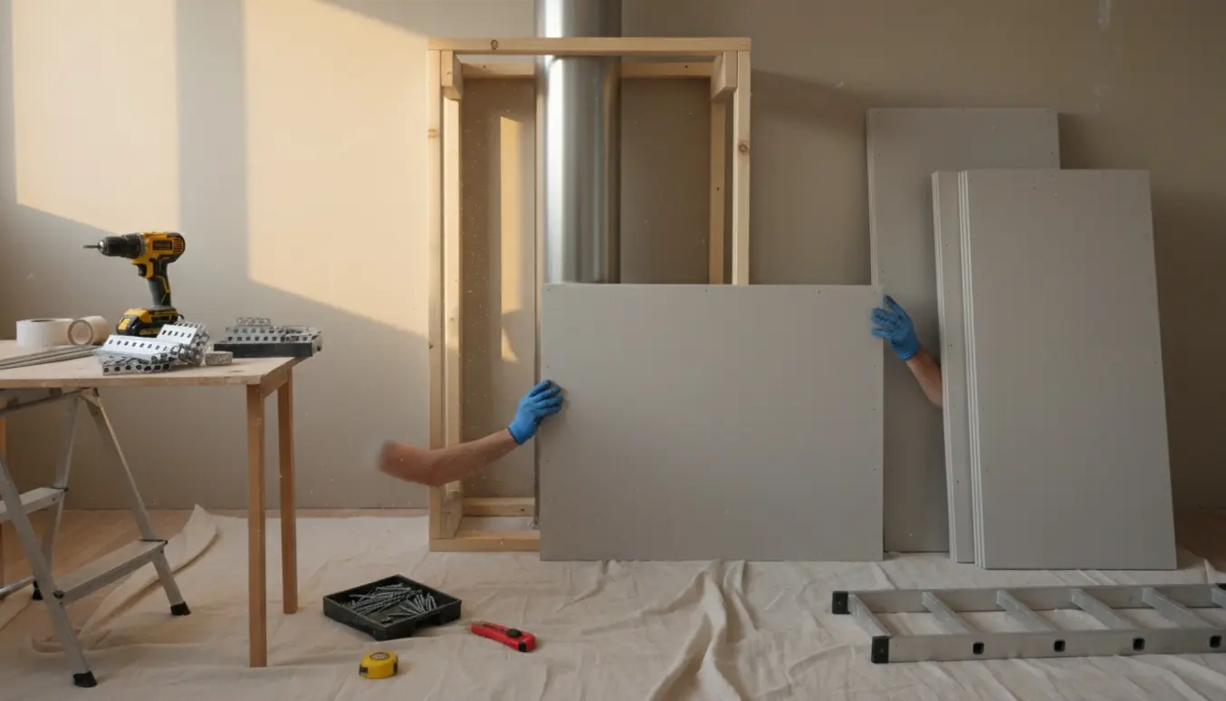 Rydet rum med gipsplader, lister og værktøj klar til at genopbygge en gulv‑til‑loft væg omkring et ventilationsrør.