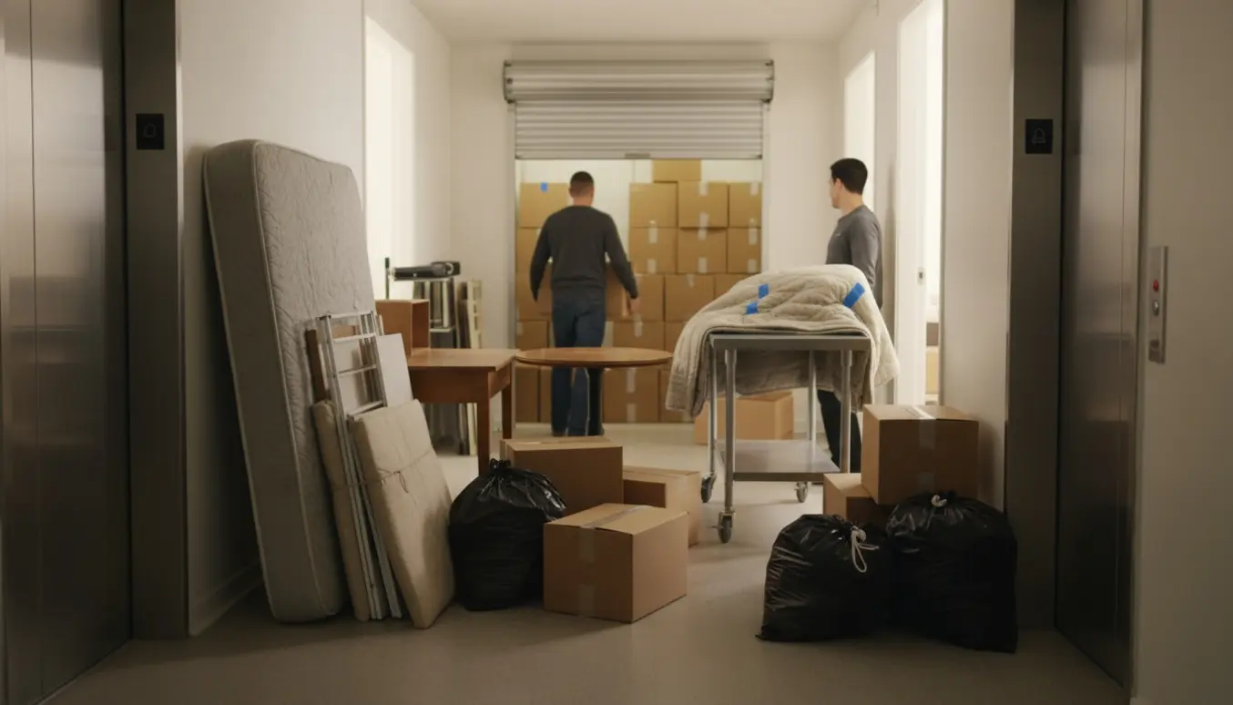 Flyttescene med en queensize-madras, hylder, skrivebord, slagterbord, flyttekasser og affaldsposer ved et åbent opbevaringsrum og elevatorer.
