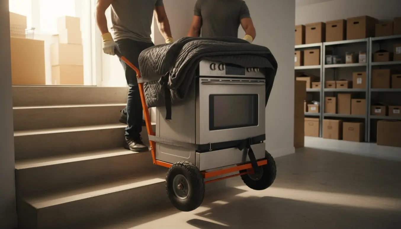 To personer bærer en ovn og en opvaskemaskine ned ad kældertrappen med en flyttedolly og beskyttelses tæpper.