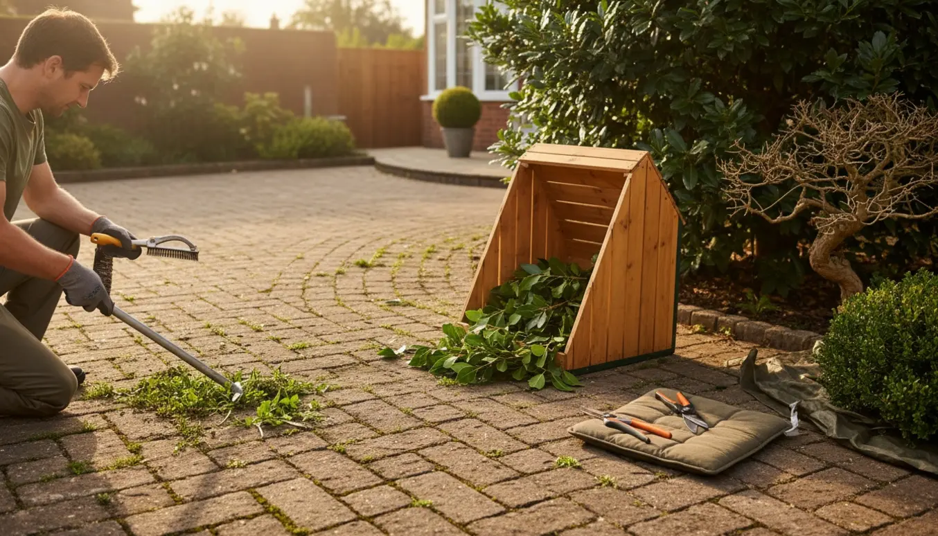 Person fjerner ukrudt mellem fliser ved indkørsel og beskærer en stor laurbær og en lille busk med afklip i komposten.