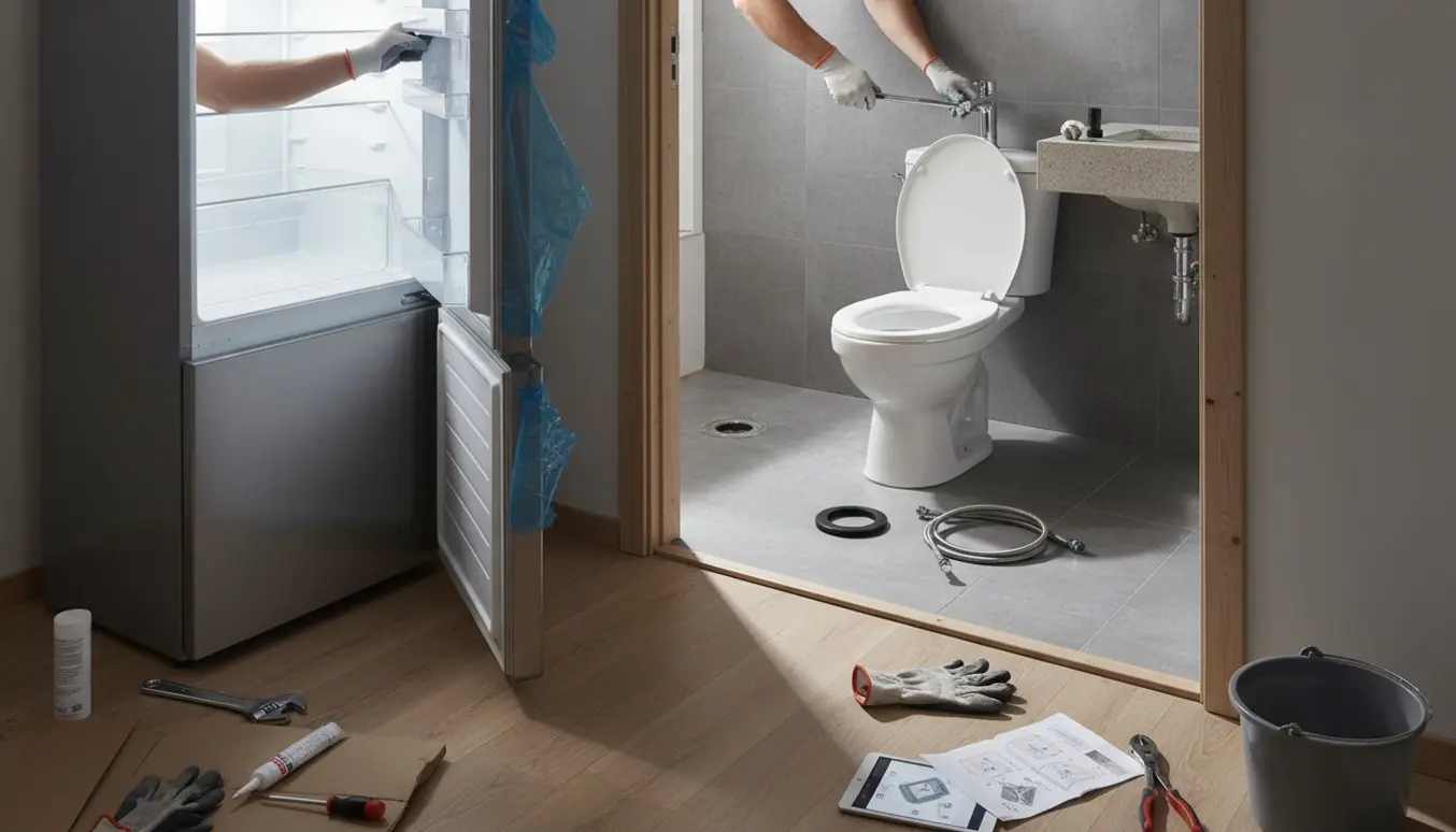 Håndværker justerer nyt køle-/fryseskab, mens nyt gulvtoilet og badeværelsesarmatur er ved at blive monteret i en lejlighed.