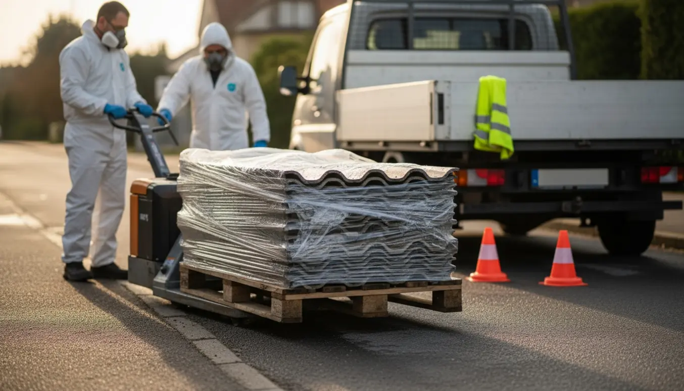 Palle med fugtige, dobbelt indpakkede eternit/asbestplader ved vejkanten klar til afhentning.
