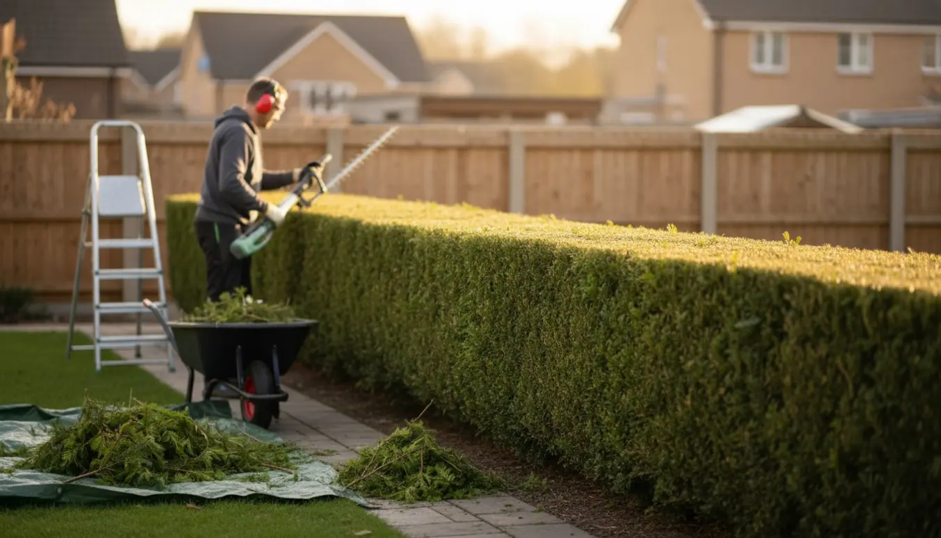 En gartner trimmer en lærkehæk med en lang stang-hækklipper, og nyafklippede kviste ligger samlet på en presenning.