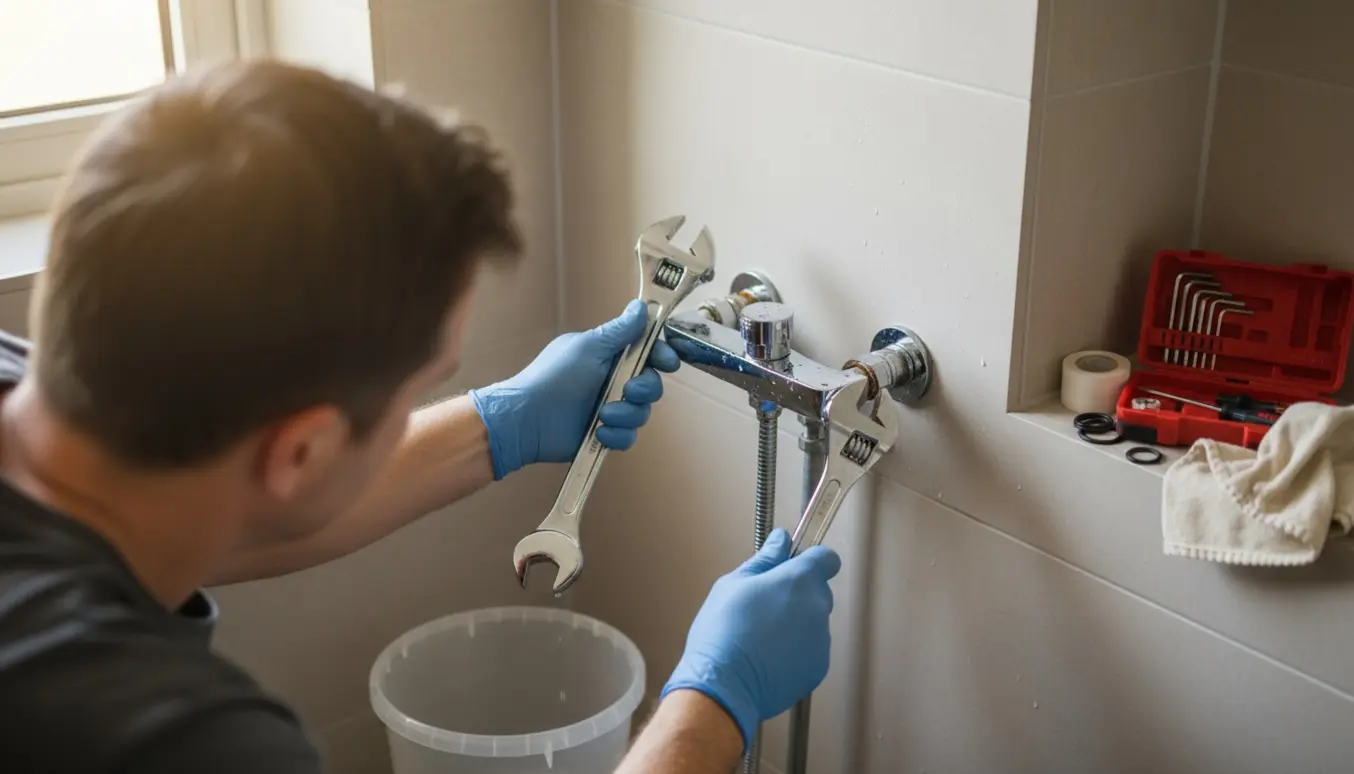 Næroptagelse af hænder, der udskifter et krom blandingsbatteri i et lyst badeværelse med værktøj ved siden af.