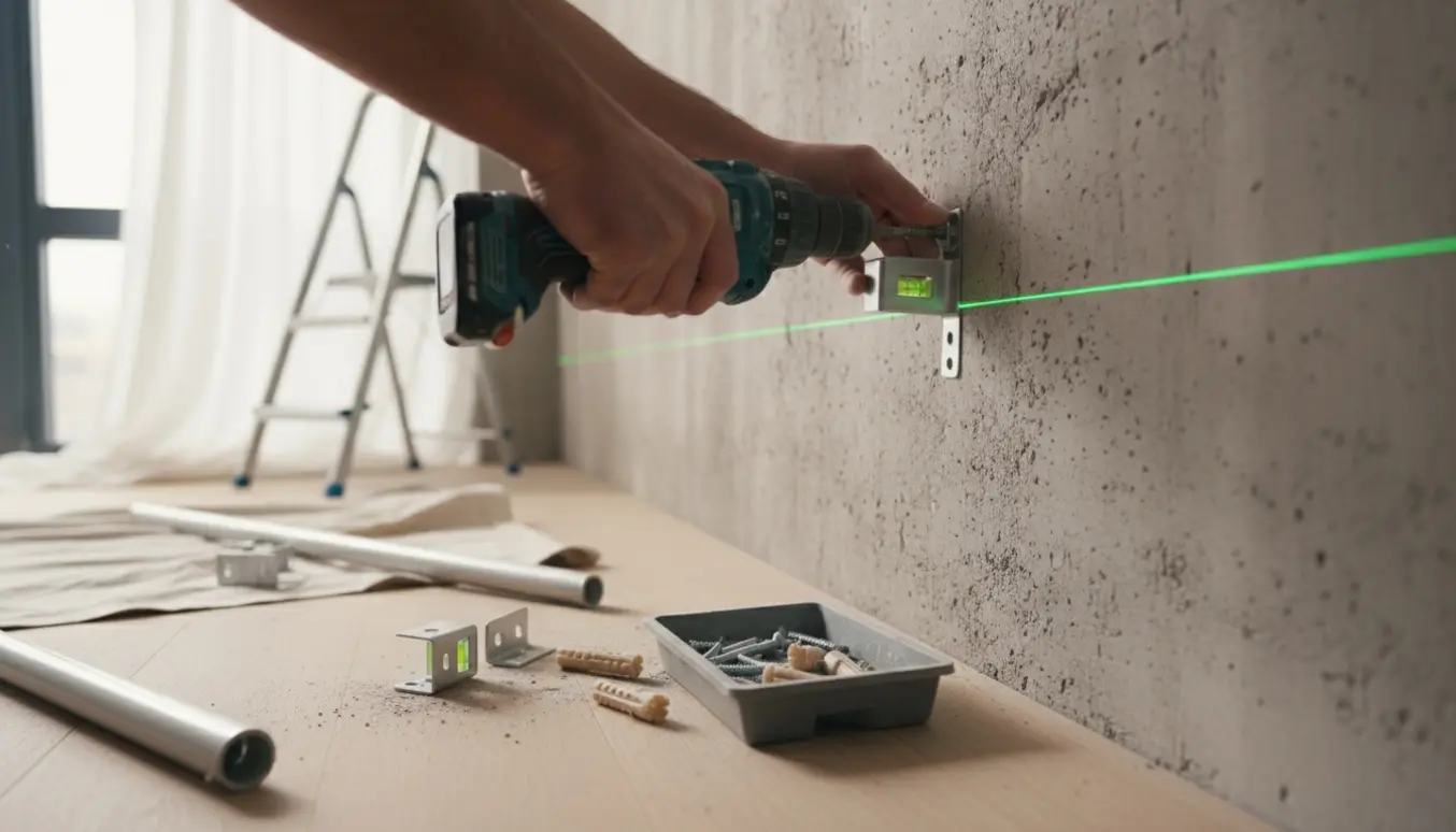 Hænder monterer en gardinstang på en betonvæg med boremaskine og lasermåler.