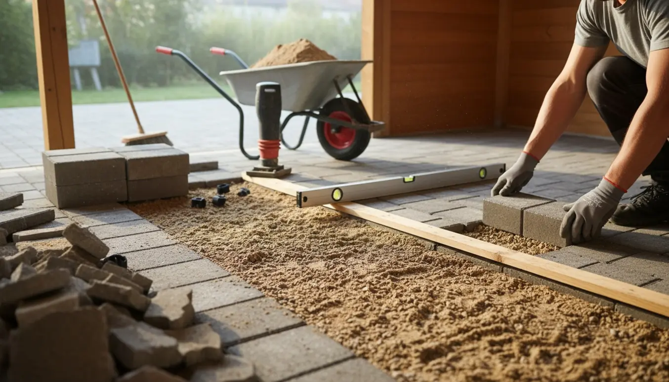 Nærbillede af hænder, der lægger nye fliser i en carport med værktøj og materialer klar.